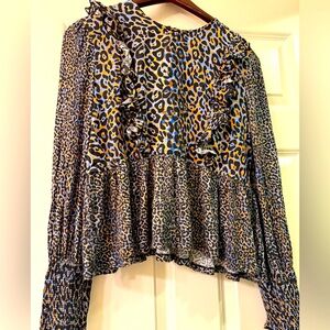Anthropologie Bl-nk Moira Ruffle Peplum Leopard Blouse